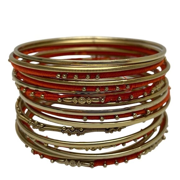 Amrita Singh Gold Tone Bangle Bracelet Set Orange Thread Wrapped 18 Bracelets - Picture 3 of 6